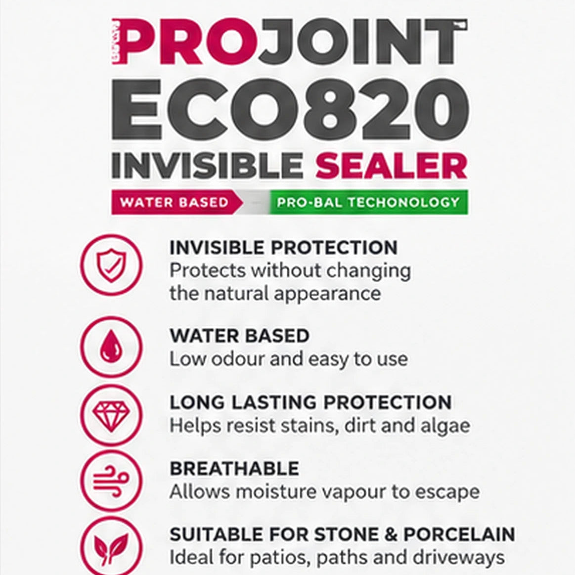 ProJoint ECO-820 Invisible Stone & Porcelain Sealer – Water Based – 1L, 5L & 25L
