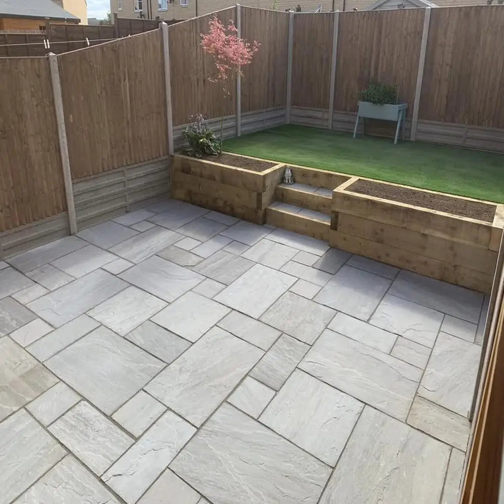 Kandla Grey Indian Sandstone Paving Slabs Bundles - Website Mixed Patio Pack Hand Cut