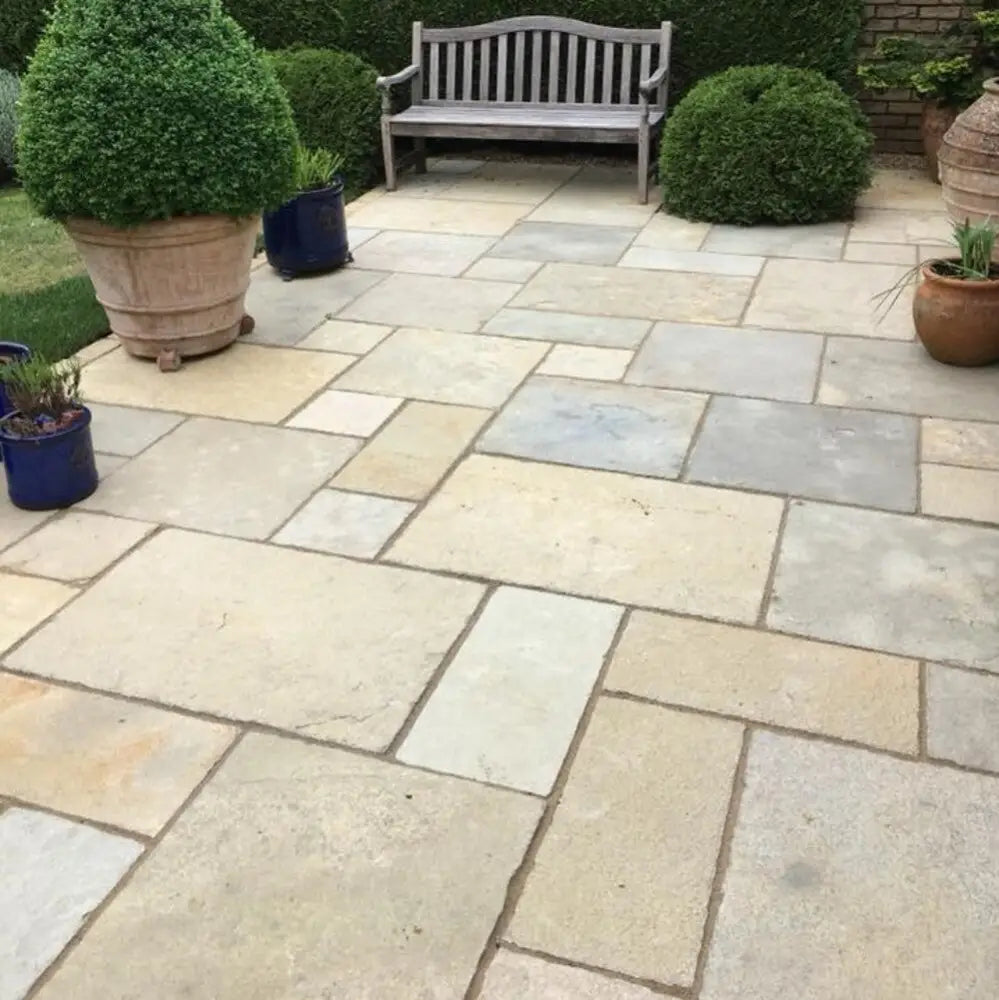 Yellow Limestone Paving Slabs Mixed Sizes / 5M2 Bundles - Website Patio Pack Antique Tumbled